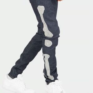MNML Men Navy Blue Slim Jeans with Light Cream Skeleton Leg Bone Details Size 36